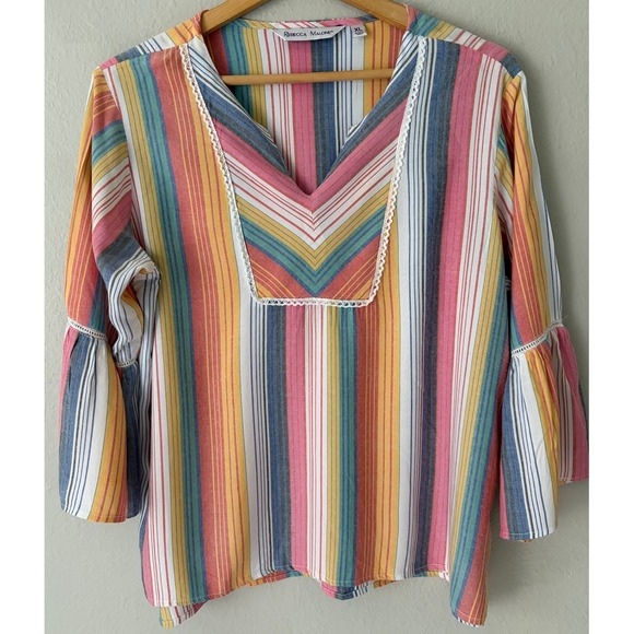Rebecca Malone Tops - Rebecca Malone Women Multi Color Striped Bell Sleeve V-Neck Blouse XL Boho Top